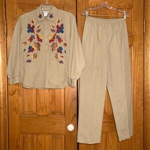 NWOT Blair Vintage 80s 90s Blouse Long Sleeve & Pull On Pants Set Tan Size 14P